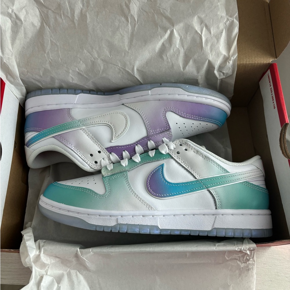Nike Dunk Low Ice Blue with holographic soles